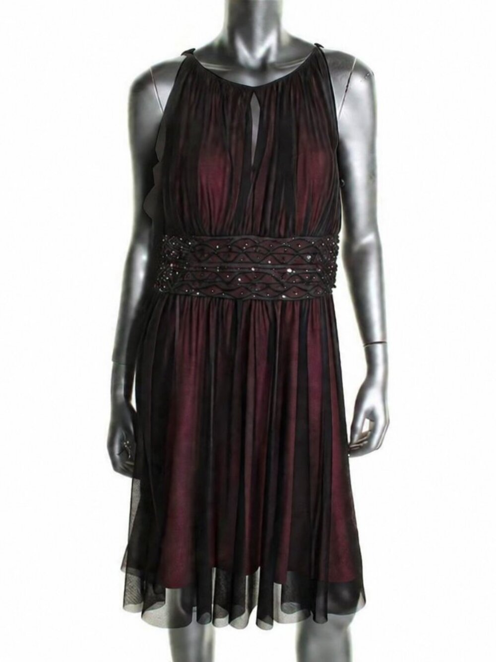 Jessica Howard Red with Black Overlay Beaded Dress • Size 4P